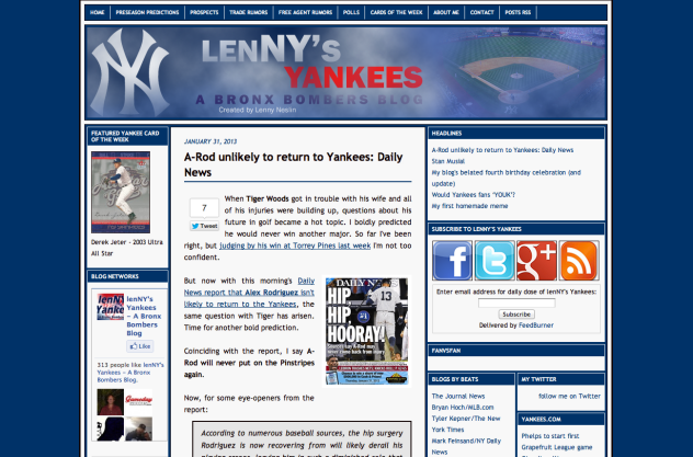 Screenshot of the home page of Lenny's Yankees